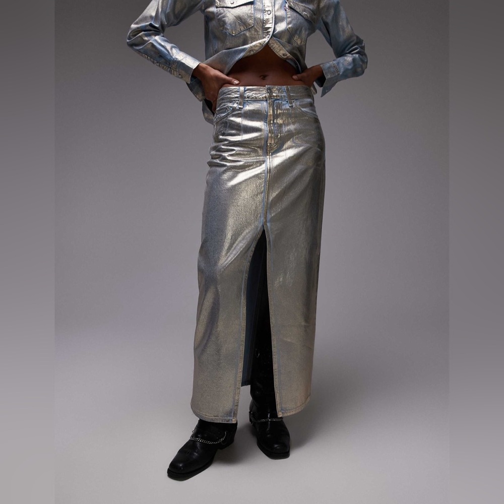 Levi's maxi column metallic denim skirt in gold size 27